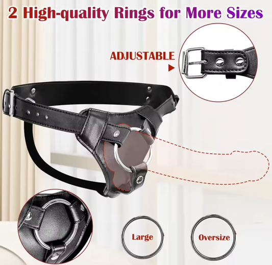 חגורת סטרפ און דמוי עור טבעות מתכת