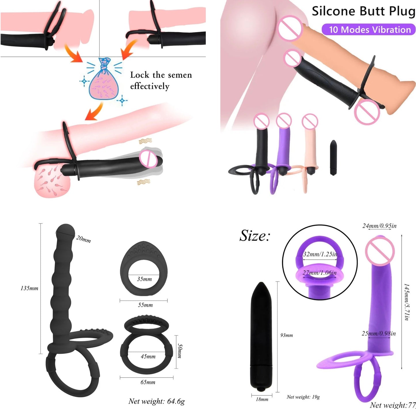 חדירה כפולה סטראפ רוטט - מתלבש על הזין והביצים ויברטור/דילדו